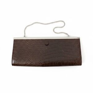 Brown Crocodile Embossed Clutch with Chain